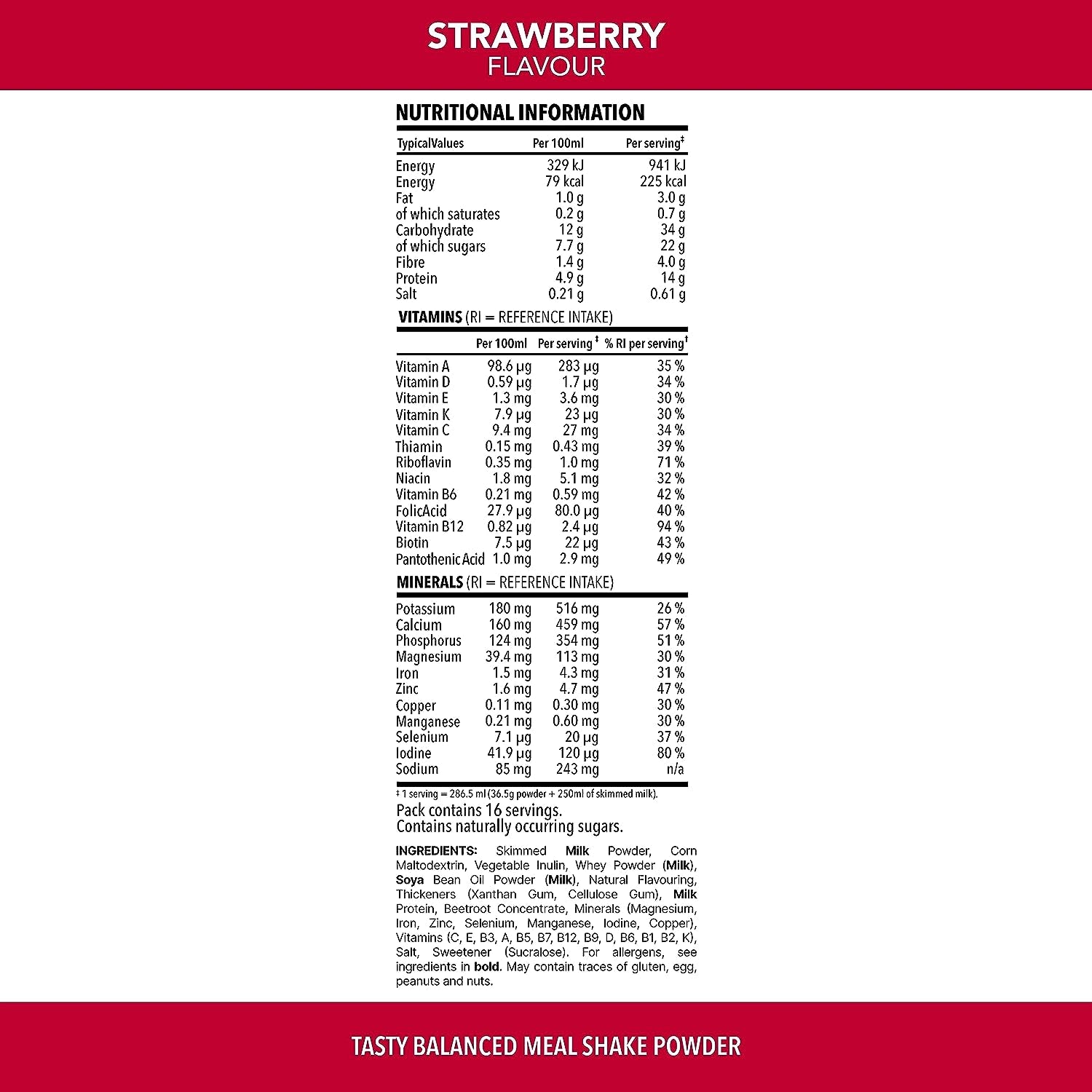 Balanced Meal Shake, Healthy Shake for Balanced Diet Plan with Vitamins and Minerals, High in Fibre, Meal Replacement, Strawberry Flavour, 16 Servings, 584 G, Packaging May Vary