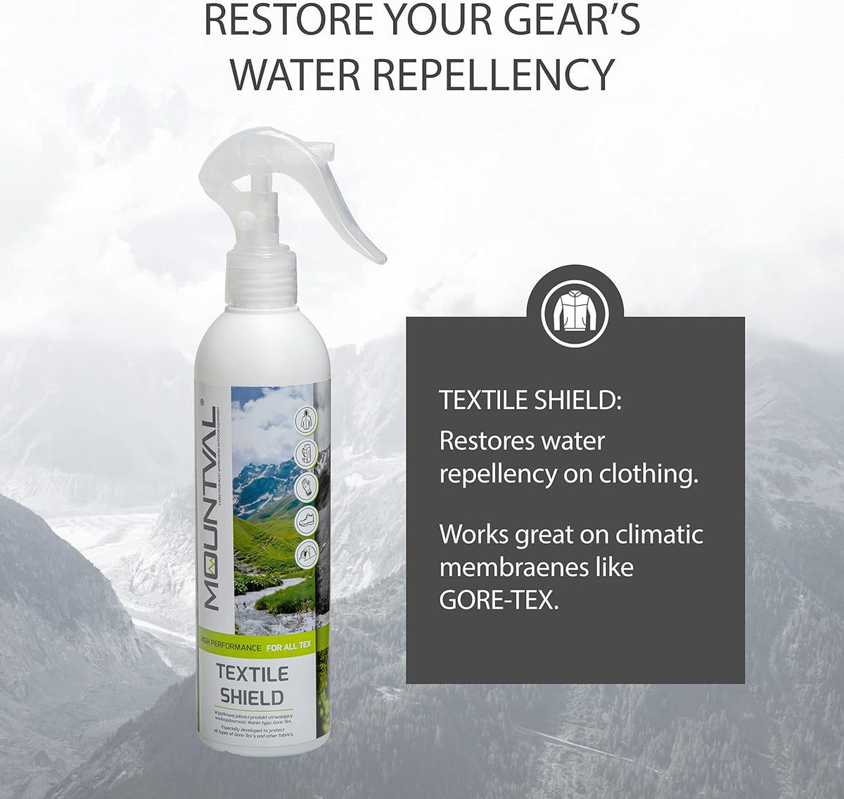 Textile Shield, Spray-On Waterproofer for Wet Weather and Hiking Garments, Pleasant Smell, Works with GORE-TEX, without Solvent, Transparent, 300Ml - 10.15 Fl. Oz., Transparent and Neutral