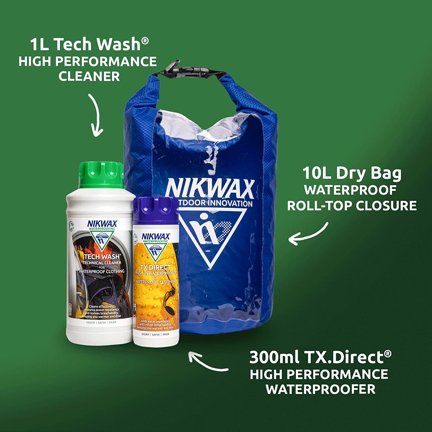 Outdoor Protection Kit - Cleaning and Waterproofing for Clothing - Includes: Tech Wash 1L | Tx.Direct 300Ml | FREE 10L Dry Bag