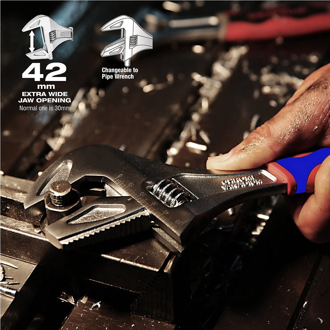 Wide Mouth Adjustable Wrench and Pipe Wrench 2-In-1, 42Mm Extra Large Jaw Capacity, with Bi-Material Soft Grip