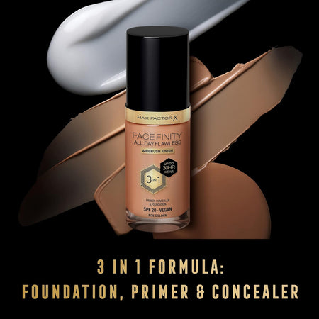 Facefinity All Day Flawless 3 in 1 Liquid Foundation, Lightweight Oil Free Formula with SPF 20, 075 Golden, 30 Ml