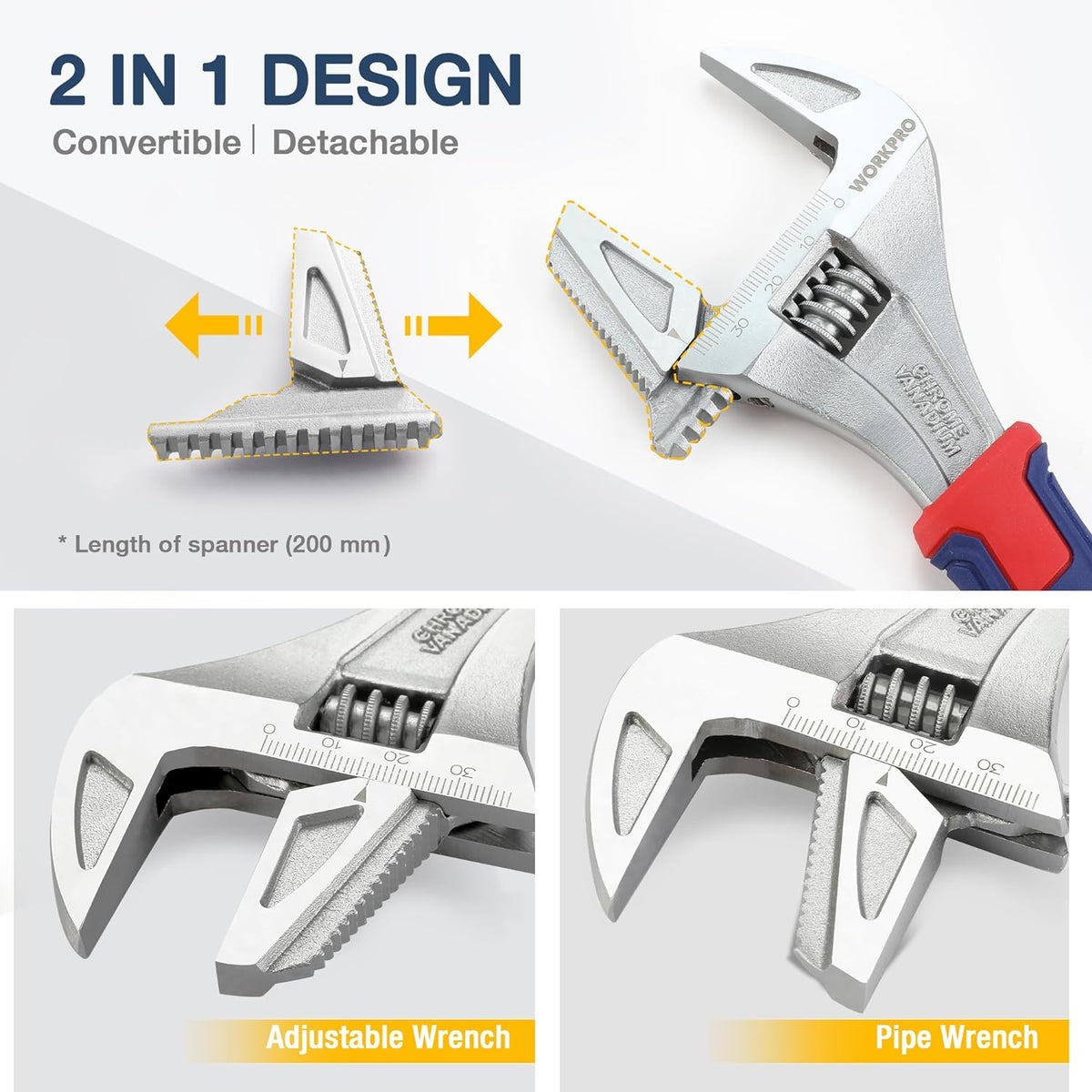 2-In-1 Adjustable Wrench and Pipe Wrench, 42Mm Wide Jaw, Cr-V Steel, 8-Inch/200Mm Length with Bi-Material Soft Handle