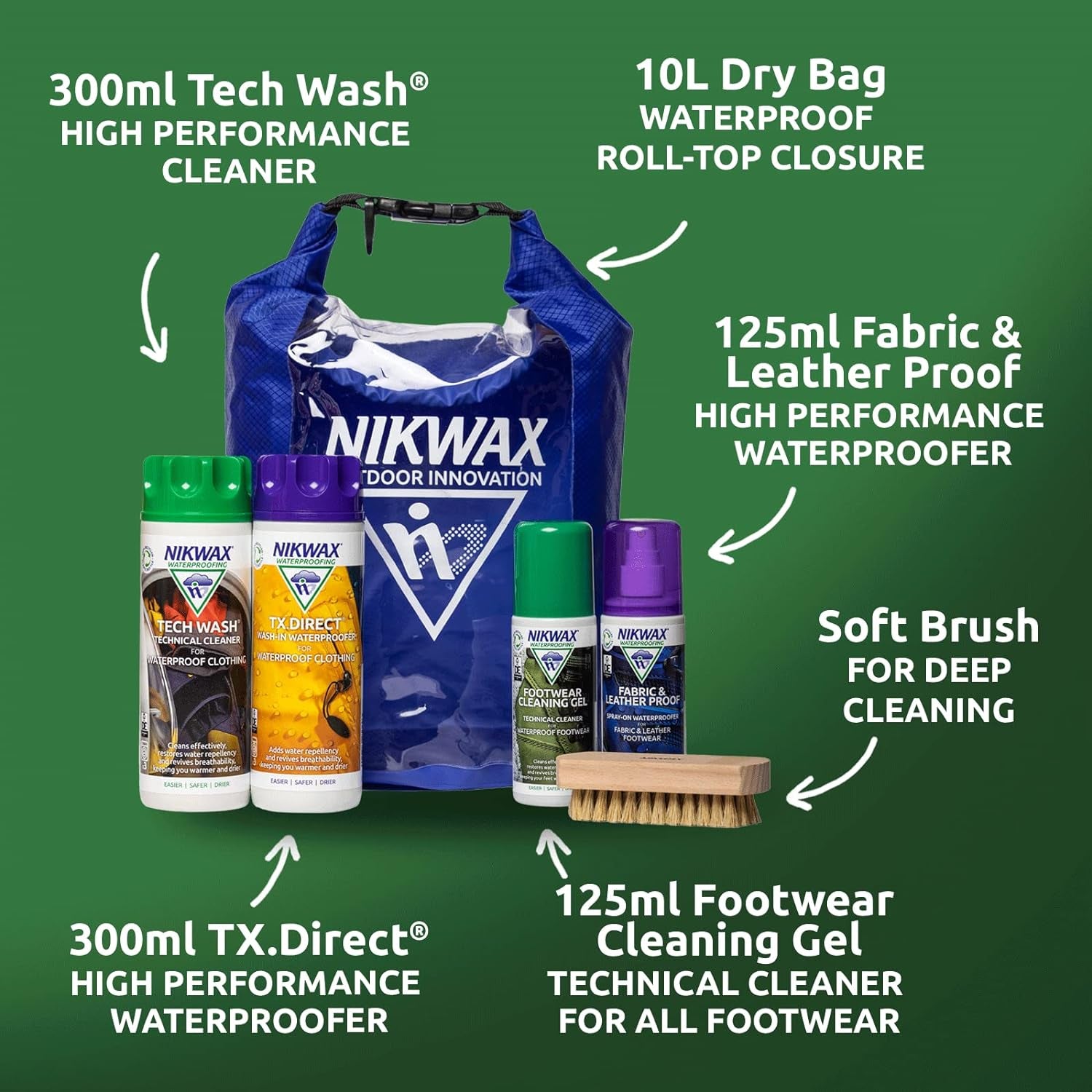 OUTDOOR COMPLETE PROTECTION KIT, Cleaning & Waterproofing for Shoes and Clothes, Spray Protector, Tech Wash Cleaner + TX Direct + Shoe Cleaning Gel + Fabric and Leather Proof + Brush + Dry Bag