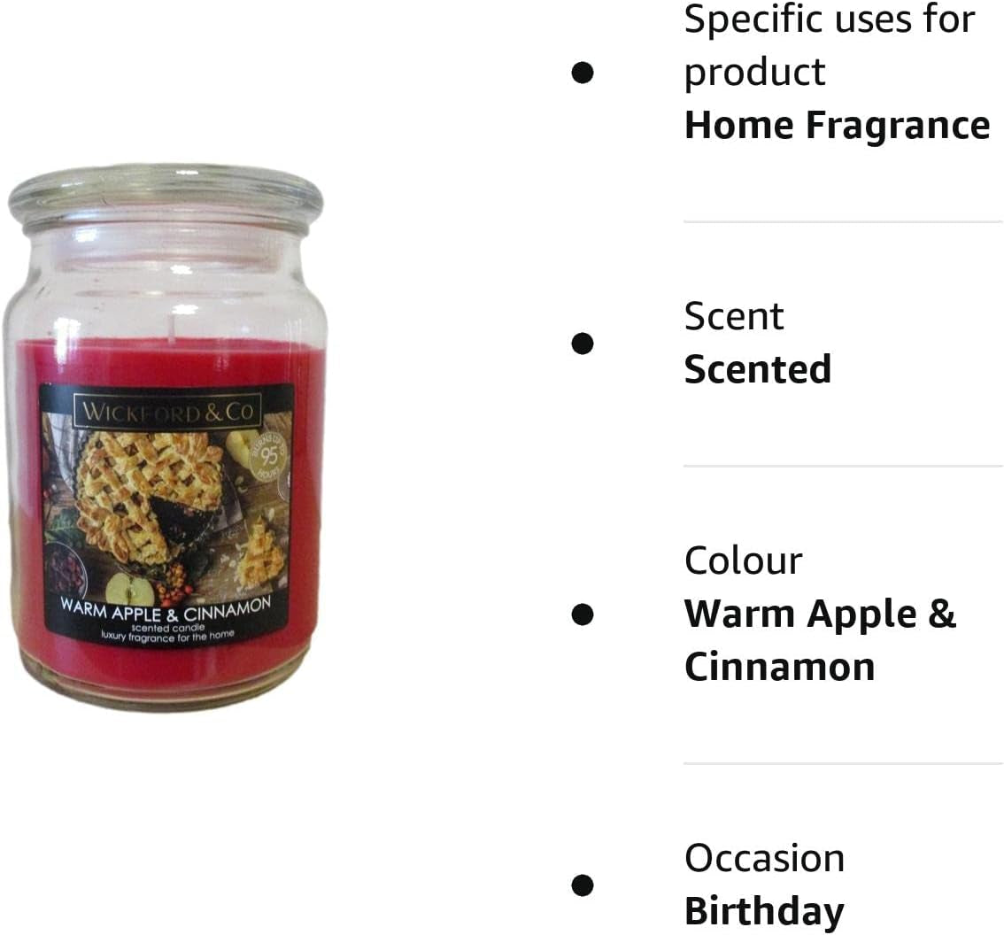 Luxury Scented Candle – Warm Apple & Cinnamon - 18 Oz Jar with Lid - up to 95 Hour Burn Time – (By Wickford & Co)