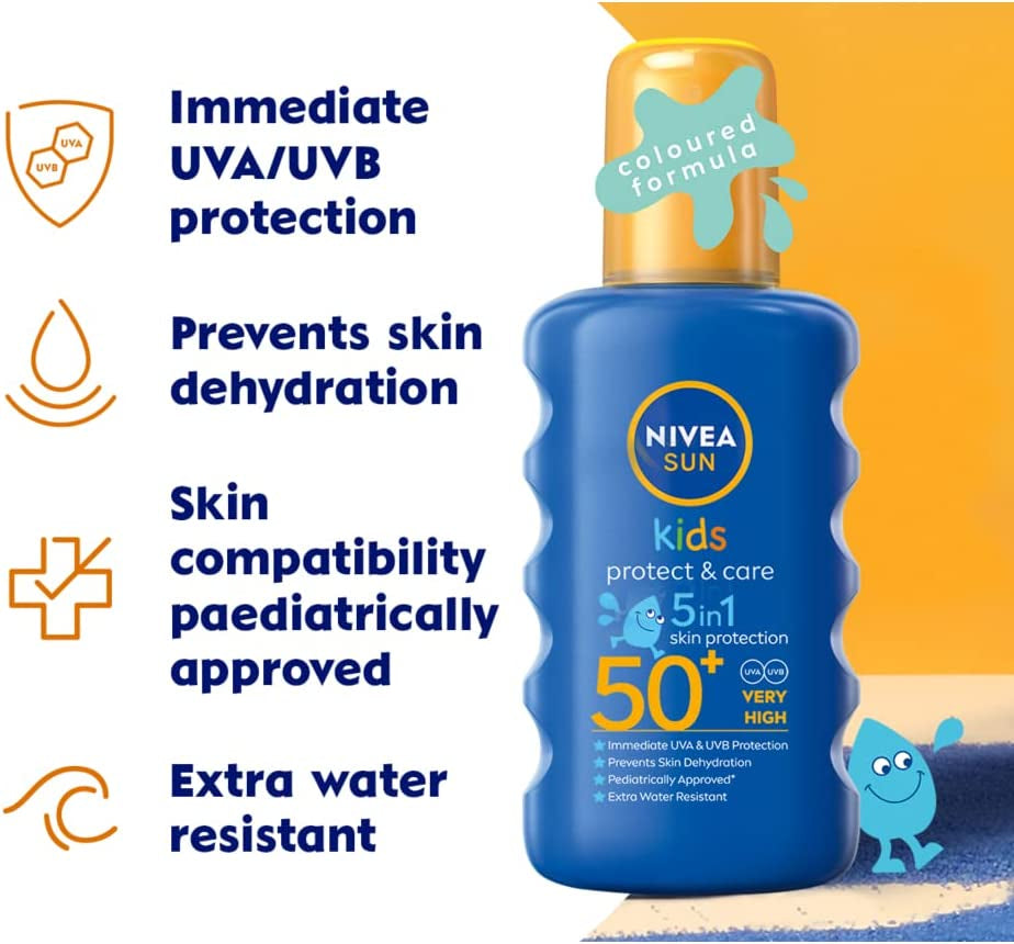 SUN Kids Protect & Care Coloured Spray SPF 50+ (200 Ml) Sunscreen Spray with SPF 50 Suncream for Kids’ Delicate Skin, Immediately Protects against Sun Exposure