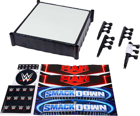 WWE Superstar Ring, 14 Inches with Spring-Loaded Mat, 4 Event Apron Stickers & Pro-Tension Ropes for WWE Action Figures, HLN13