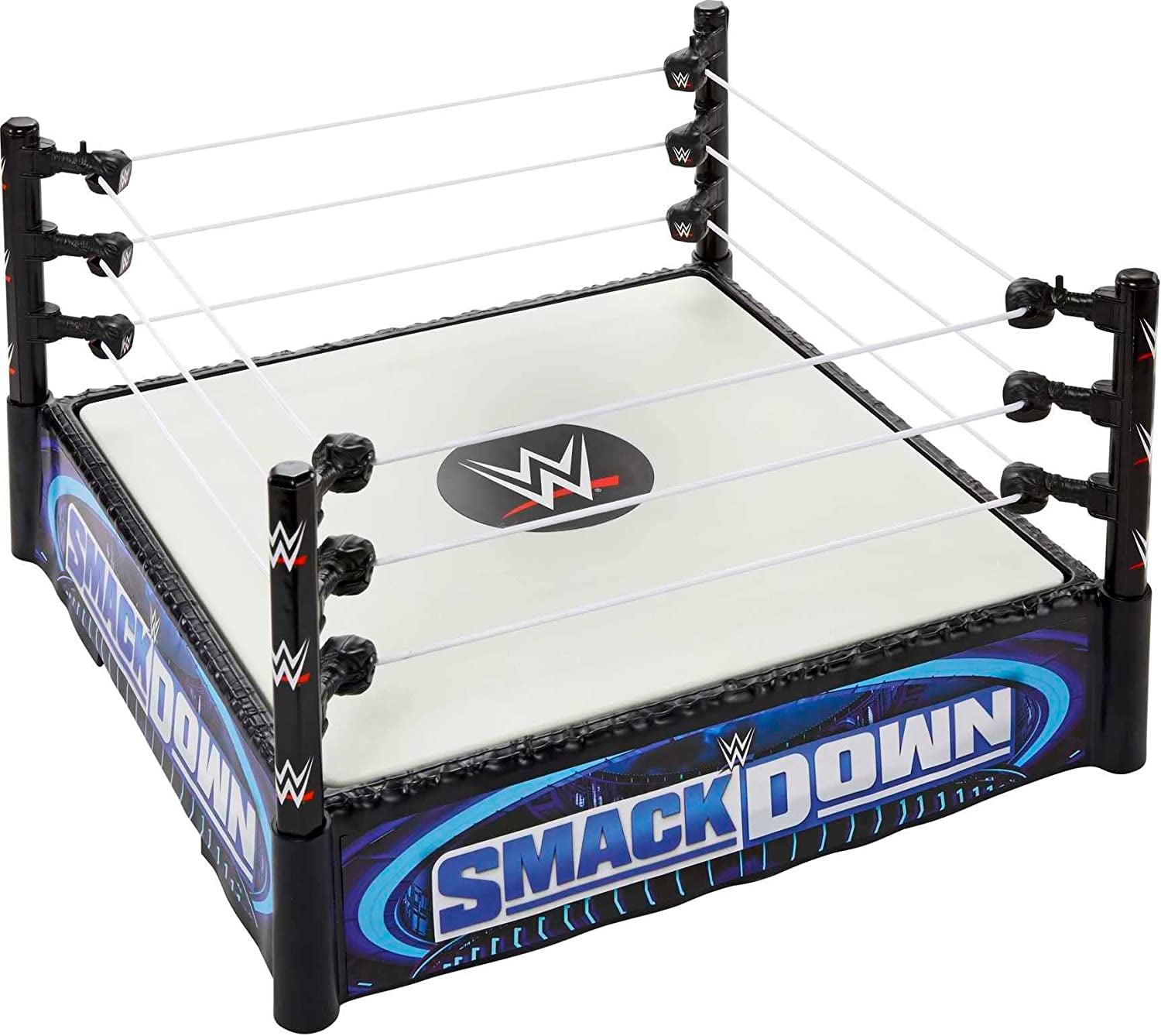 WWE Superstar Ring, 14 Inches with Spring-Loaded Mat, 4 Event Apron Stickers & Pro-Tension Ropes for WWE Action Figures, HLN13