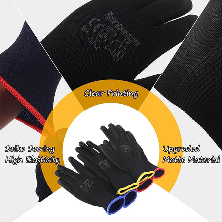 Pack of 12 or 24 Safety Gloves, Work Gloves, with Secure Grip on Palm & Fingers, PU and Nylon Non-Slip Gloves, Ideal for General Duty Work, Gardening. (Pack of 12 Pair'S, Large)