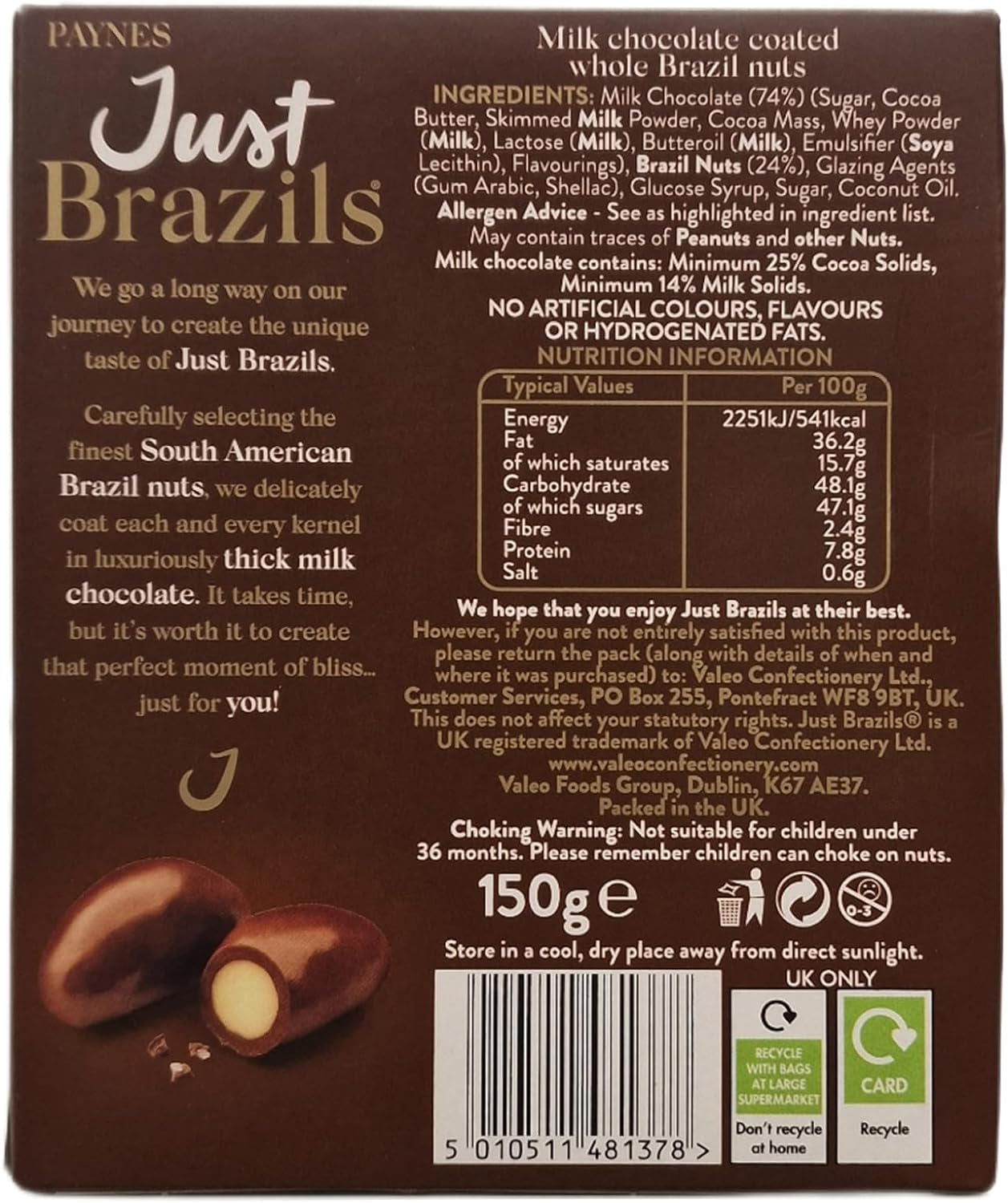 Just Brazils Milk Chocolate Box - Milk Chocolate with Brazil Nut Centres 150G - Chocolate Gift for Christmas - Stocking Filler | Chocolate Boxes & Gifts | Suitable for Vegetarians