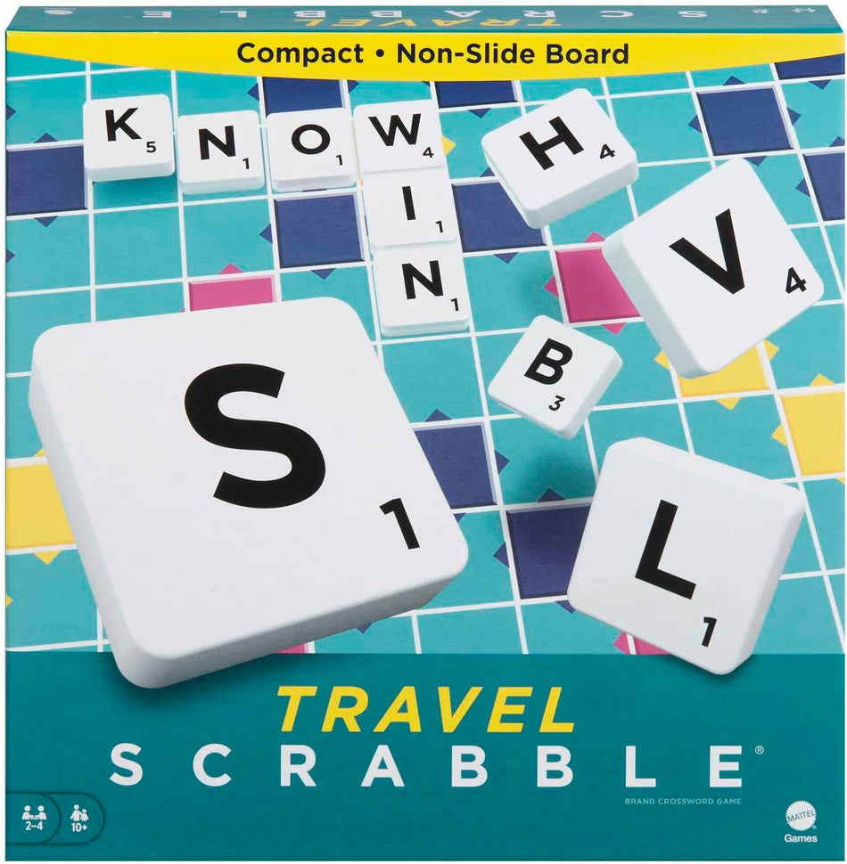 Scrabble Travel Game, Portable and Compact, 2-4 Players, Includes Playing Board, 4 Racks, 100 Letter Tiles, a Tile Bag, and Rules, 10Y+, Cjt11(Packaging May Vary)