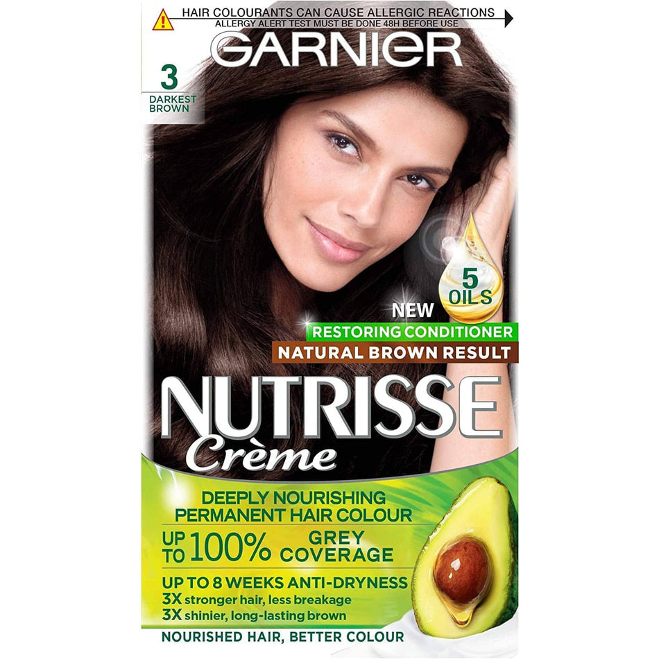 Garnier Nutrisse Permanent Hair Dye, Natural-looking, hair colour result, For All Hair Types, 3 Darkest Brown