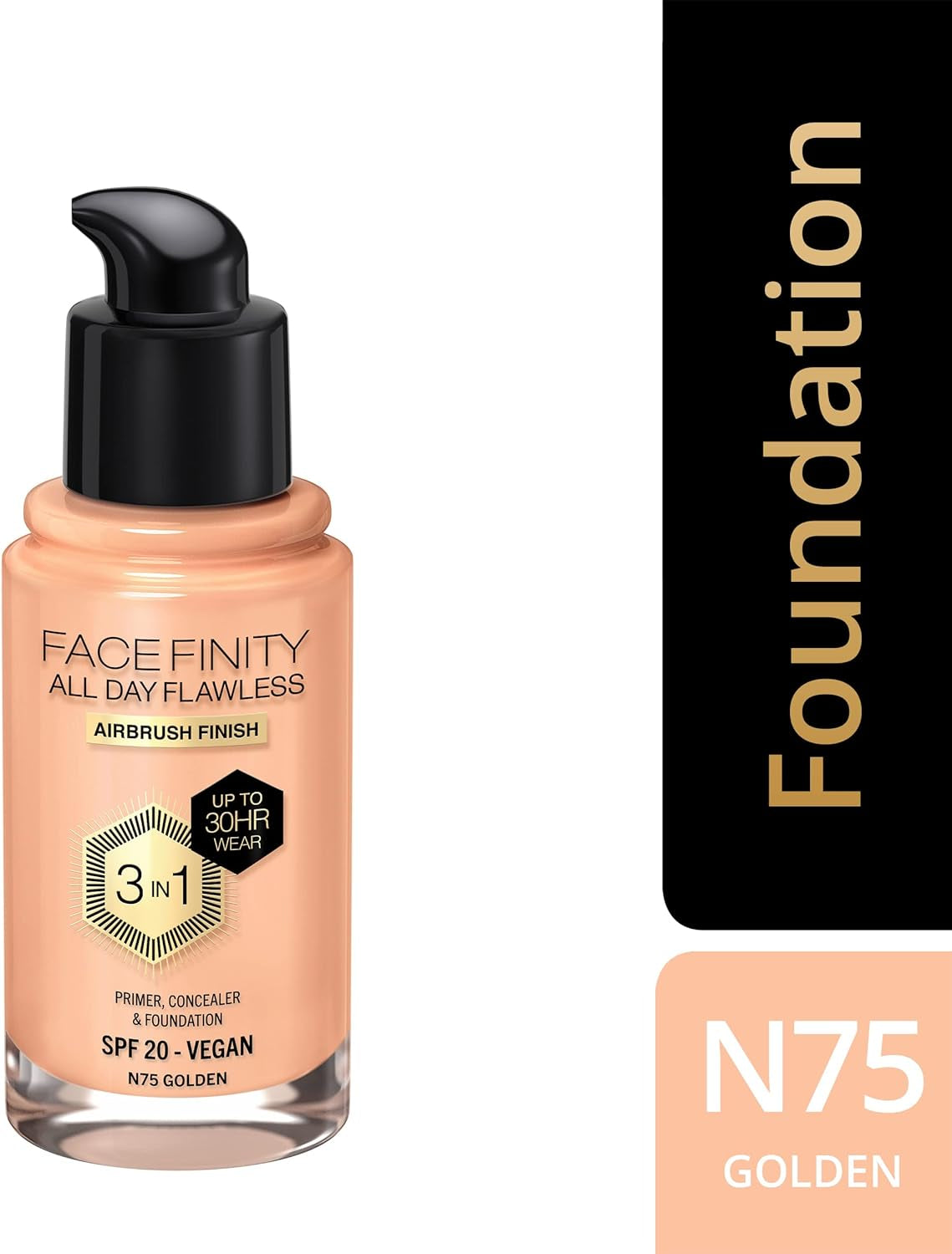 Facefinity All Day Flawless 3 in 1 Liquid Foundation, Lightweight Oil Free Formula with SPF 20, 075 Golden, 30 Ml