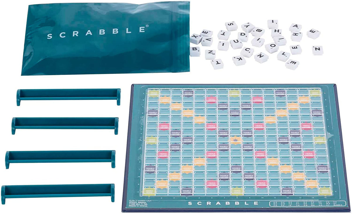 Scrabble Travel Game, Portable and Compact, 2-4 Players, Includes Playing Board, 4 Racks, 100 Letter Tiles, a Tile Bag, and Rules, 10Y+, Cjt11(Packaging May Vary)