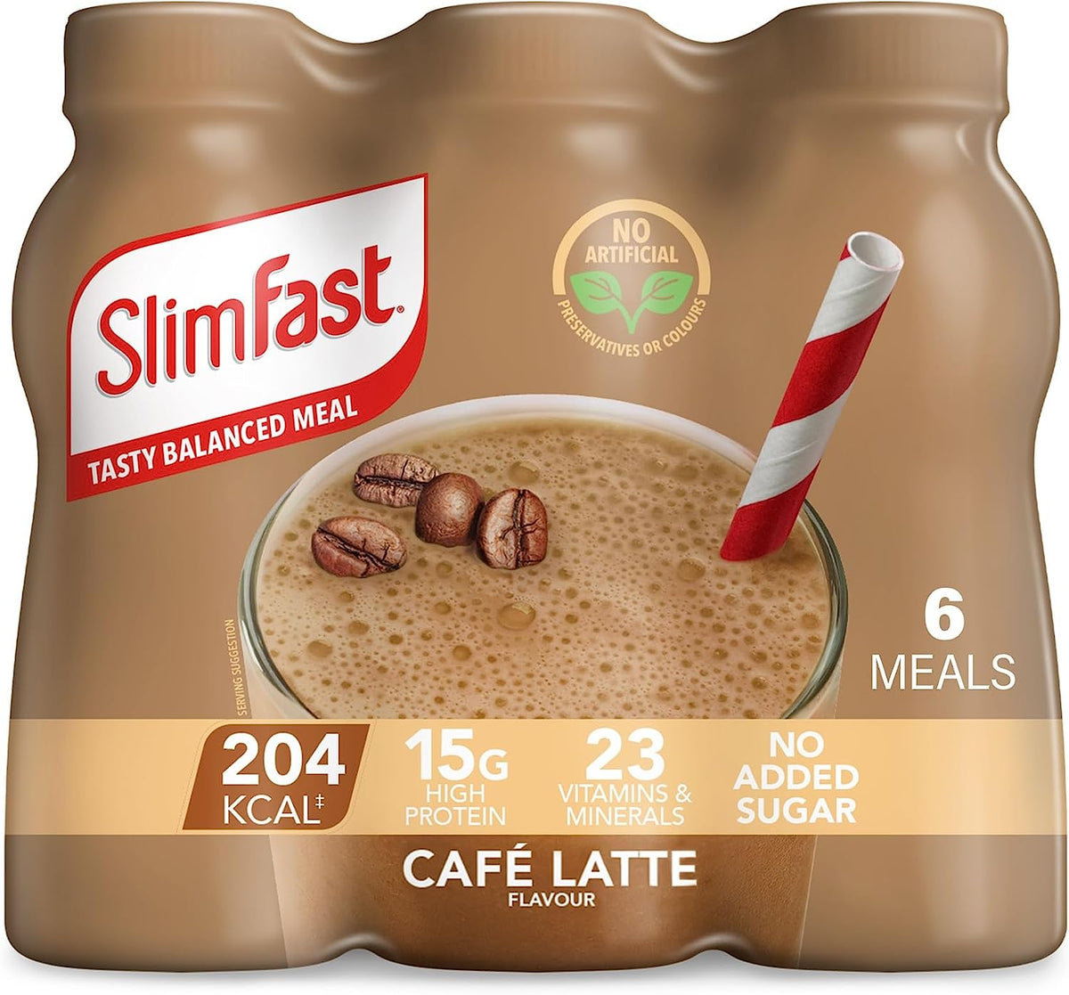 Ready to Drink Shake, Tasty, Balanced Shake with 15G Protein, 23 Vitamins and Minerals and No Sugar, Cafe Latte Flavour, 6 X 325 Ml Multipack, Packaging May Vary