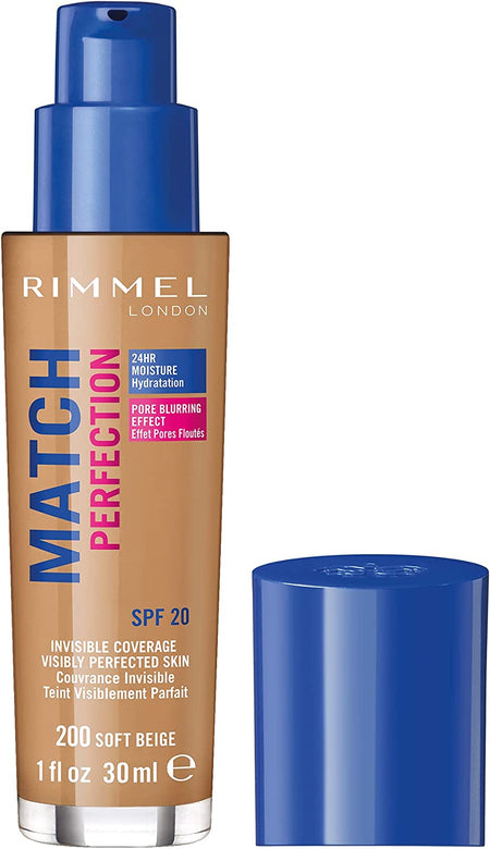 LONDON - Match Perfection Foundation SPF20 - Natural Look, Invisible Coverage, Smart-Tone Technology - 24Hr Moisture, Pore Blurring Effect, 200 Soft Beige - 30Ml