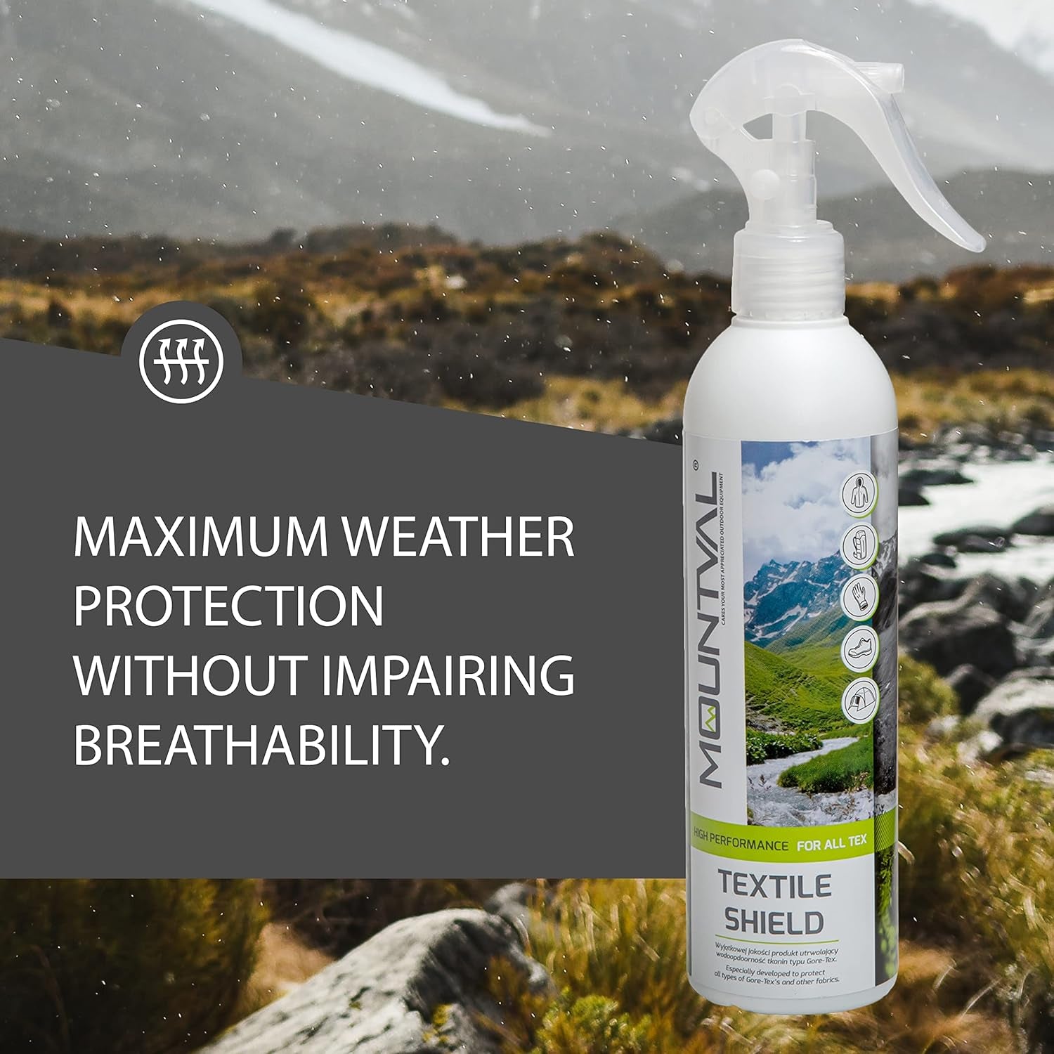 Textile Shield, Spray-On Waterproofer for Wet Weather and Hiking Garments, Pleasant Smell, Works with GORE-TEX, without Solvent, Transparent, 300Ml - 10.15 Fl. Oz., Transparent and Neutral