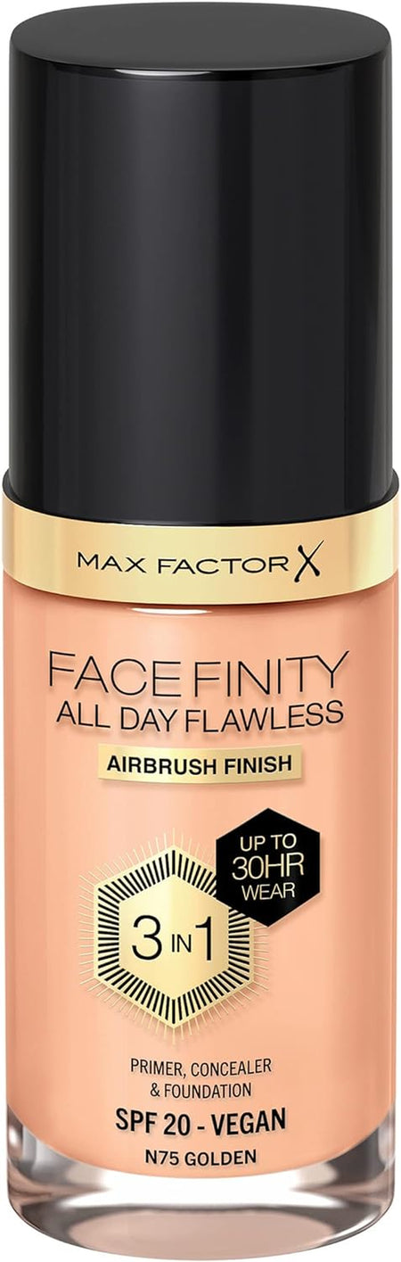 Facefinity All Day Flawless 3 in 1 Liquid Foundation, Lightweight Oil Free Formula with SPF 20, 075 Golden, 30 Ml