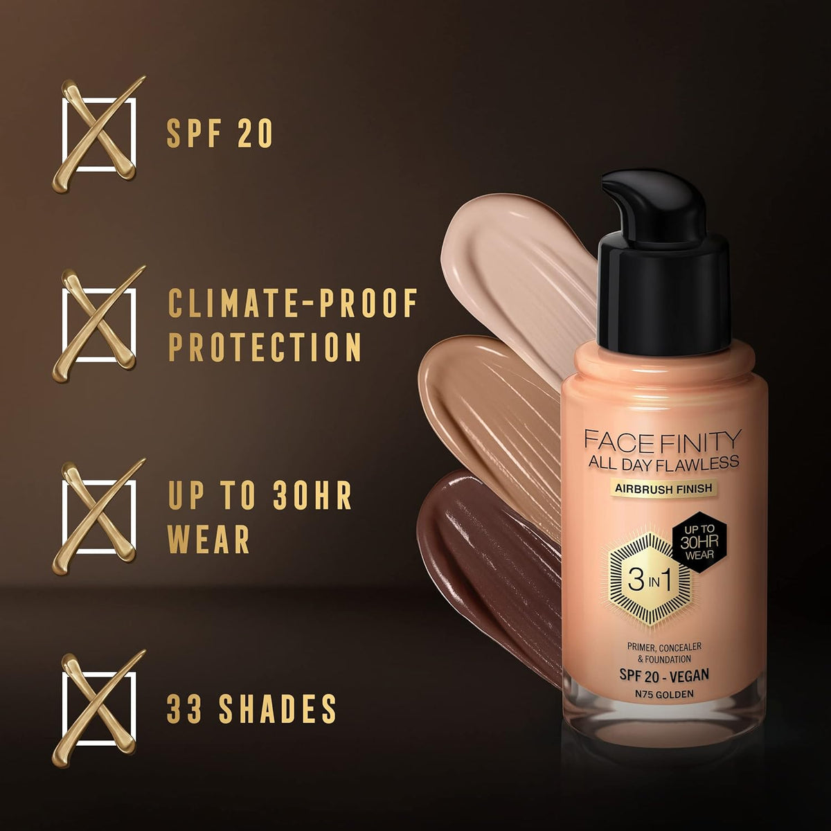 Facefinity All Day Flawless 3 in 1 Liquid Foundation, Lightweight Oil Free Formula with SPF 20, 075 Golden, 30 Ml