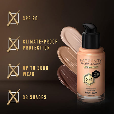 Facefinity All Day Flawless 3 in 1 Liquid Foundation, Lightweight Oil Free Formula with SPF 20, 075 Golden, 30 Ml