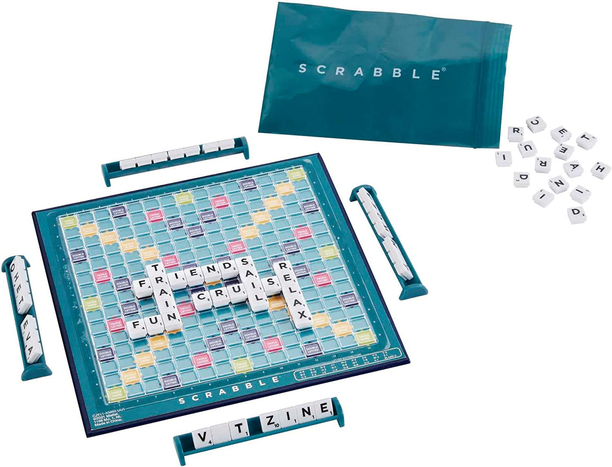 Scrabble Travel Game, Portable and Compact, 2-4 Players, Includes Playing Board, 4 Racks, 100 Letter Tiles, a Tile Bag, and Rules, 10Y+, Cjt11(Packaging May Vary)