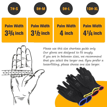 Pack of 12 or 24 Safety Gloves, Work Gloves, with Secure Grip on Palm & Fingers, PU and Nylon Non-Slip Gloves, Ideal for General Duty Work, Gardening. (Pack of 12 Pair'S, Large)