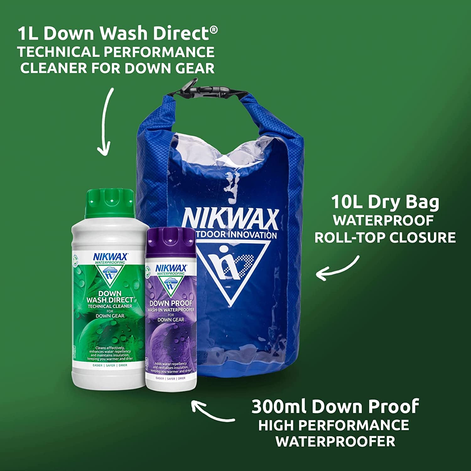 down CARE KIT for Cleaning, Washing & Waterproofing down Clothing and Gear, down Wash Direct + down Proof + 10L Dry Bag