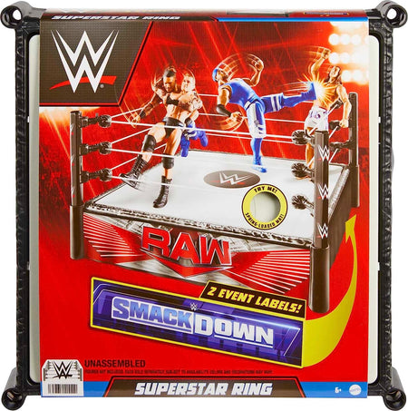 WWE Superstar Ring, 14 Inches with Spring-Loaded Mat, 4 Event Apron Stickers & Pro-Tension Ropes for WWE Action Figures, HLN13