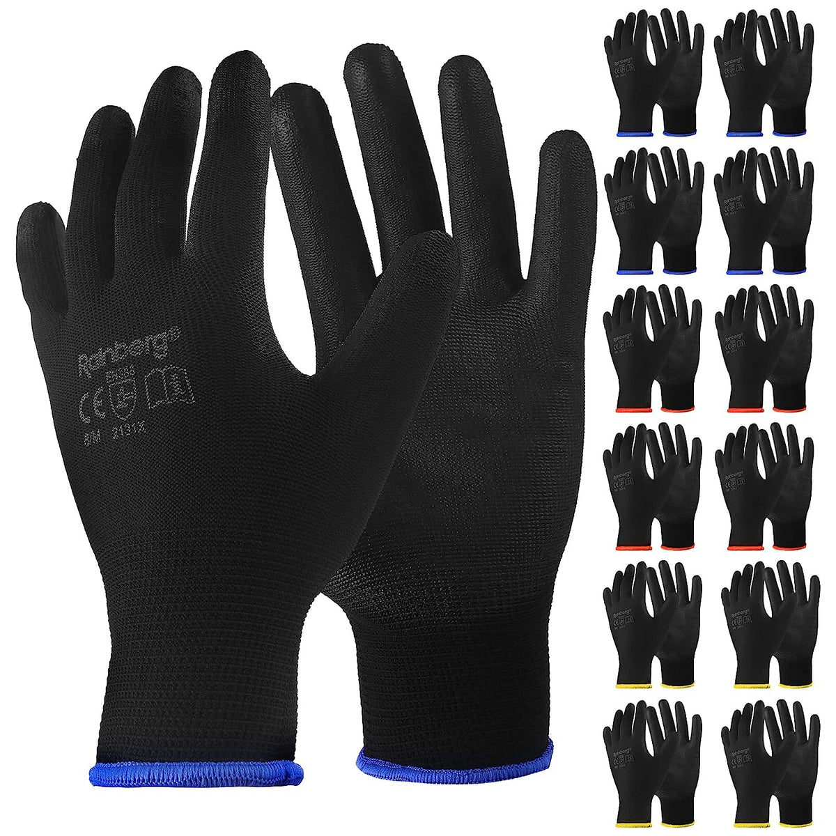 Pack of 12 or 24 Safety Gloves, Work Gloves, with Secure Grip on Palm & Fingers, PU and Nylon Non-Slip Gloves, Ideal for General Duty Work, Gardening. (Pack of 12 Pair'S, Large)